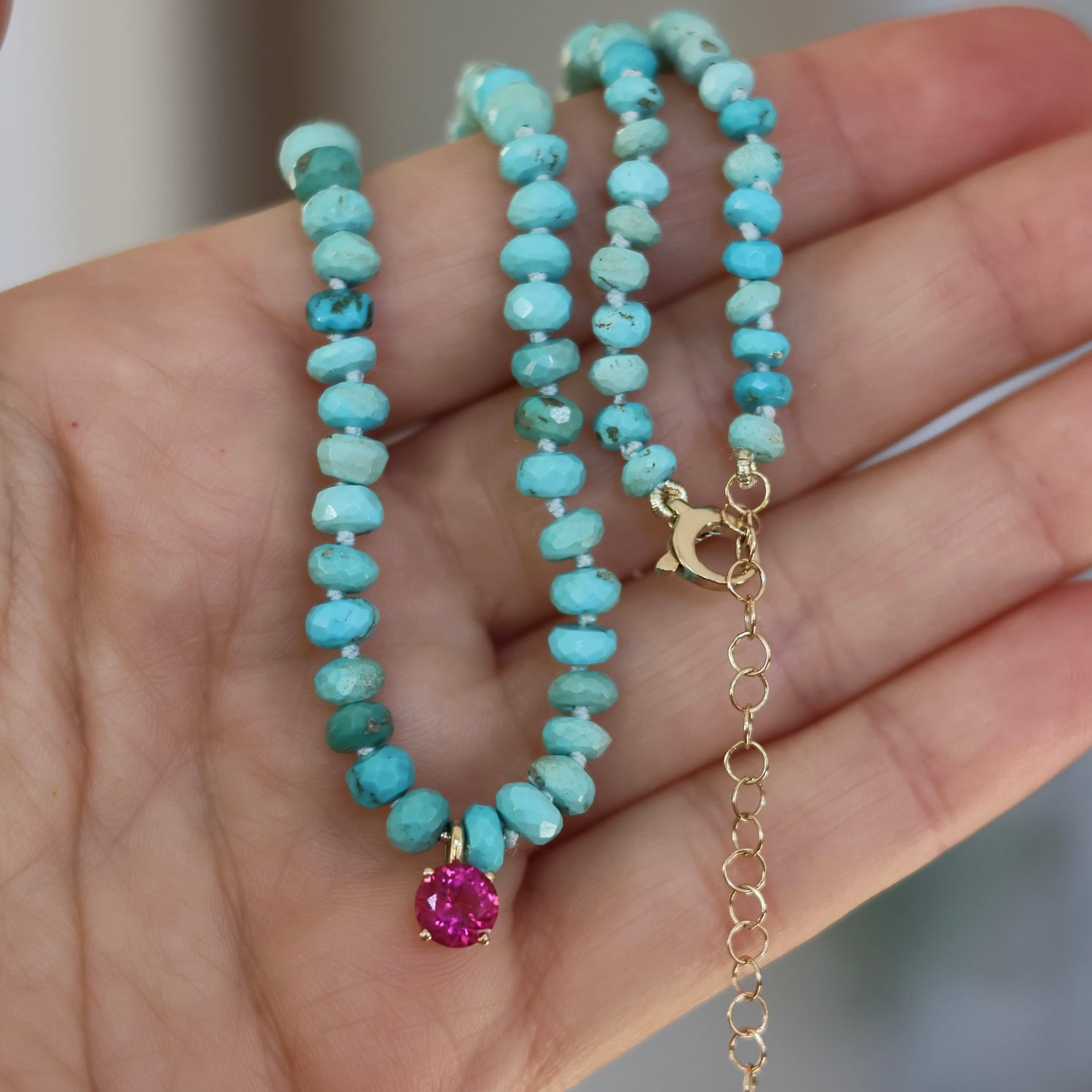 Sleeping Beauty Turquoise Pink Tourmaline Pendant Necklace