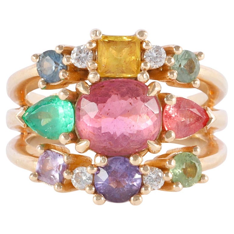 PINK SKY TOURMALINE EMERALD SAPPHIRE RING